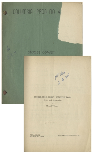 Moe Howards 28pp. Script Dated October 1949 for The Three Stooges Film A Snitch in Time -- Paper Loss to Front Cover, Else Very Good Condition
